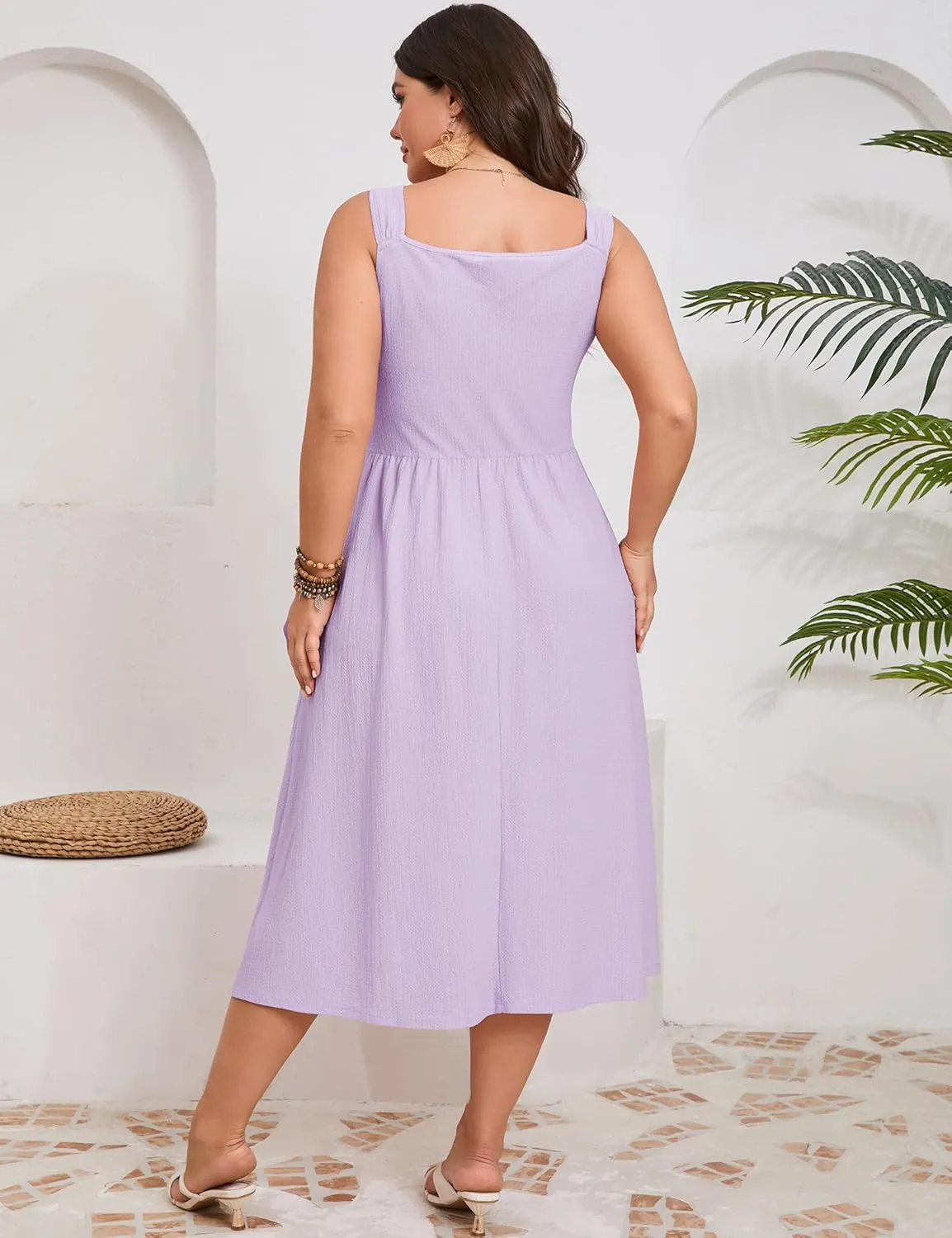 ShopWonder Plus Size Summer Dress for Women Sleeveless Spaghetti Strap V Neck Tie Front A Line Casual Beach Midi Dress
