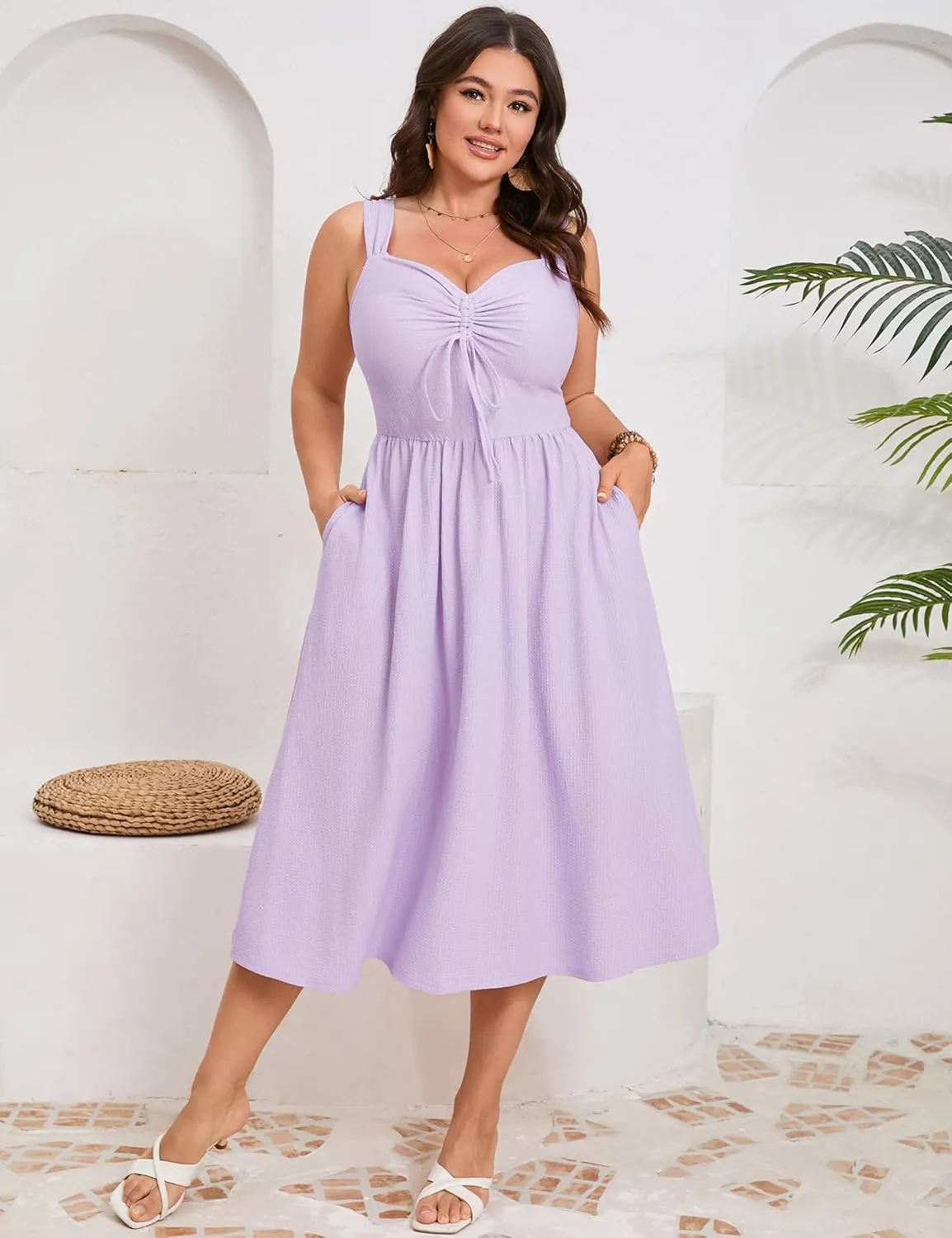 ShopWonder Plus Size Summer Dress for Women Sleeveless Spaghetti Strap V Neck Tie Front A Line Casual Beach Midi Dress