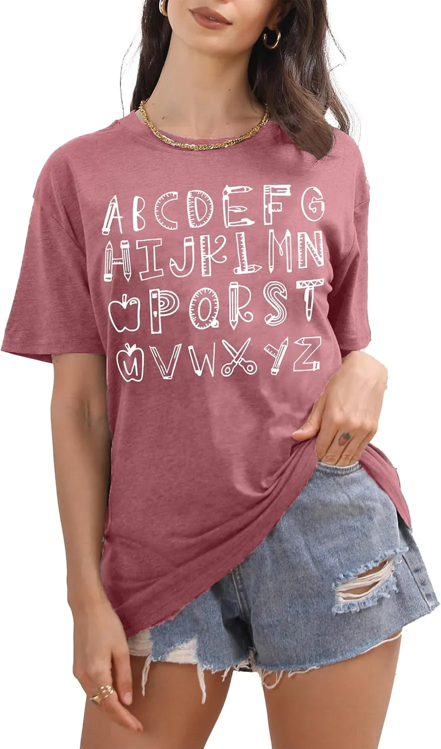 Teacher Shirt Women Alphabet Teaching Graphic Tee Tops Kindergarten Teachers Gift T-Shirts