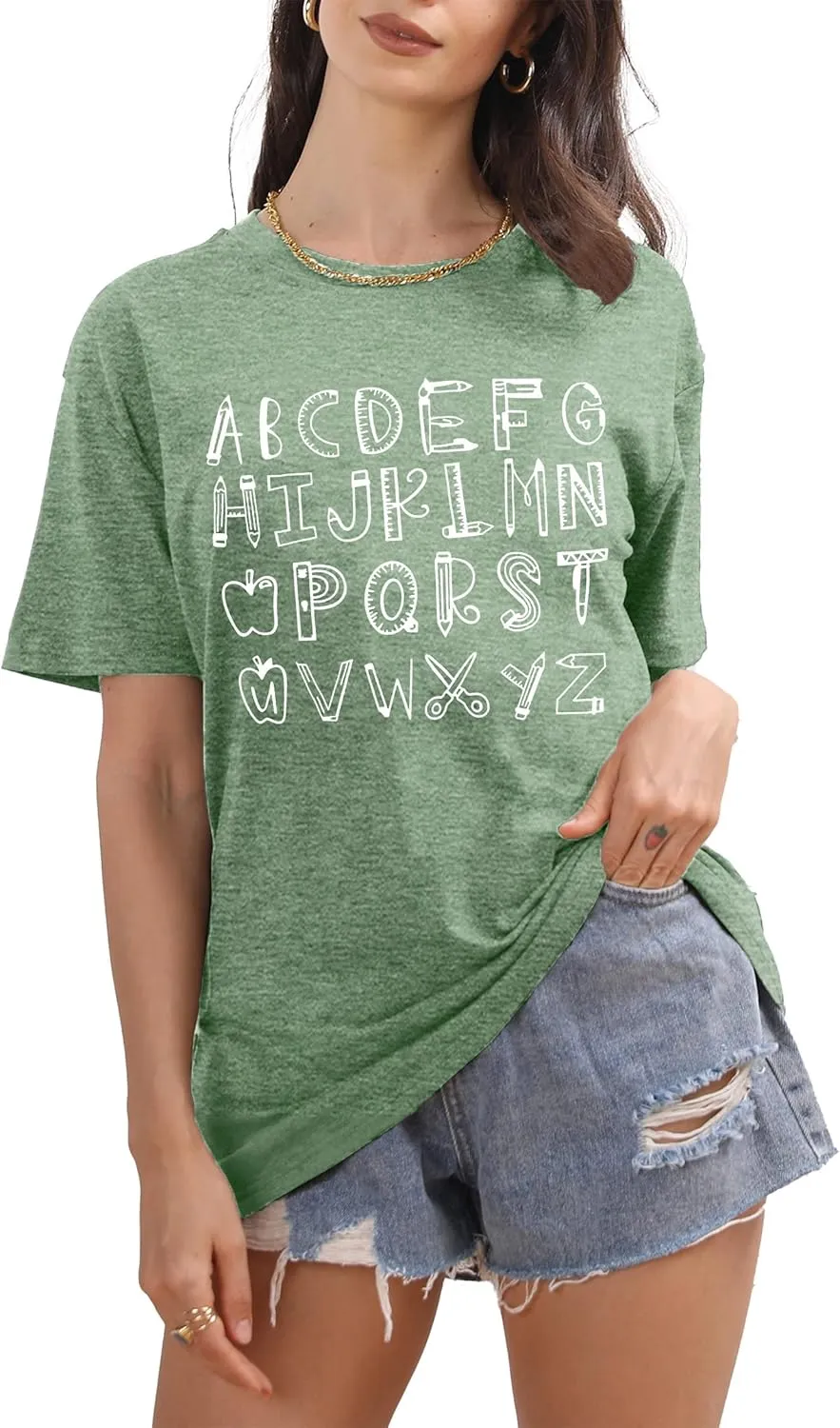Teacher Shirt Women Alphabet Teaching Graphic Tee Tops Kindergarten Teachers Gift T-Shirts