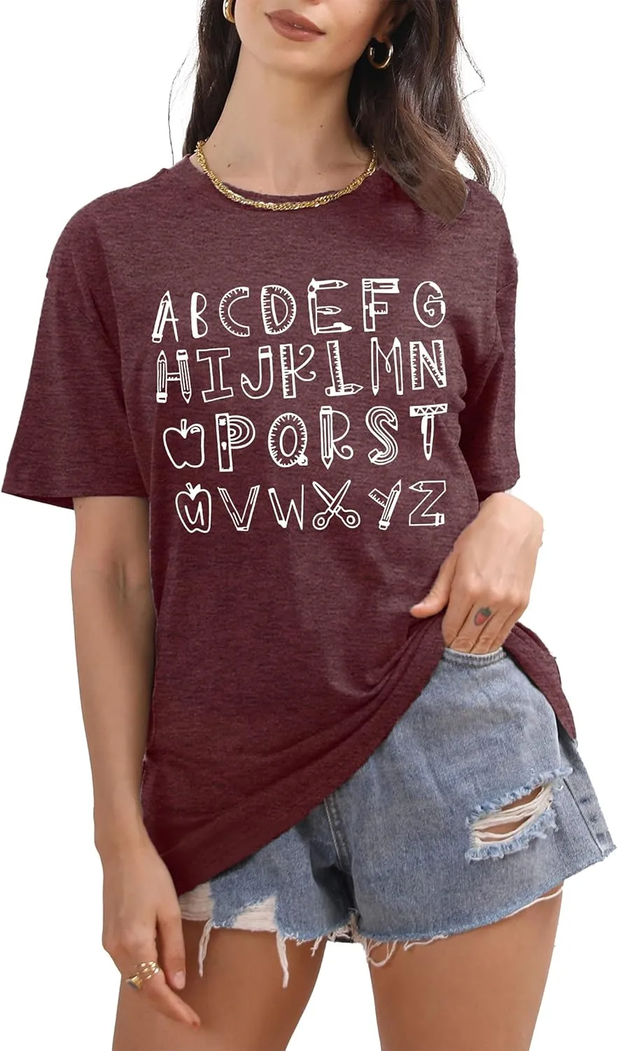 Teacher Shirt Women Alphabet Teaching Graphic Tee Tops Kindergarten Teachers Gift T-Shirts