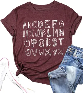 Teacher Shirt Women Alphabet Teaching Graphic Tee Tops Kindergarten Teachers Gift T-Shirts