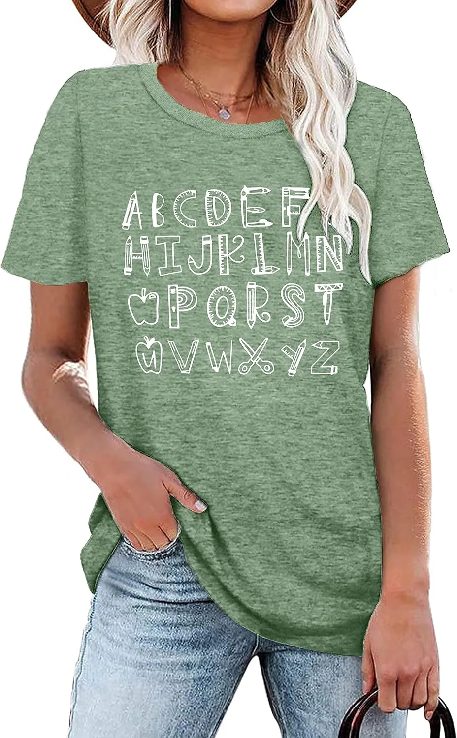 Teacher Shirt Women Alphabet Teaching Graphic Tee Tops Kindergarten Teachers Gift T-Shirts