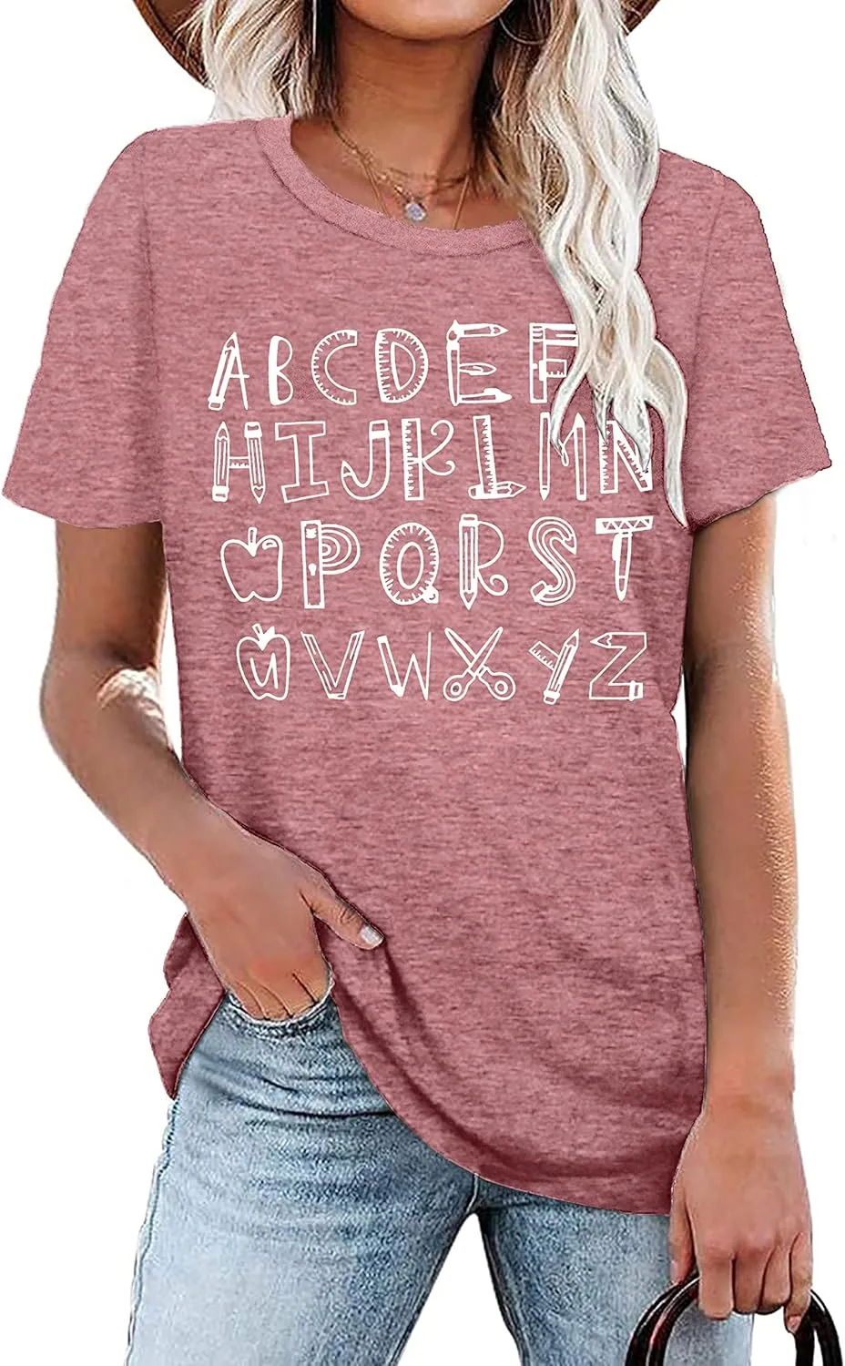 Teacher Shirt Women Alphabet Teaching Graphic Tee Tops Kindergarten Teachers Gift T-Shirts