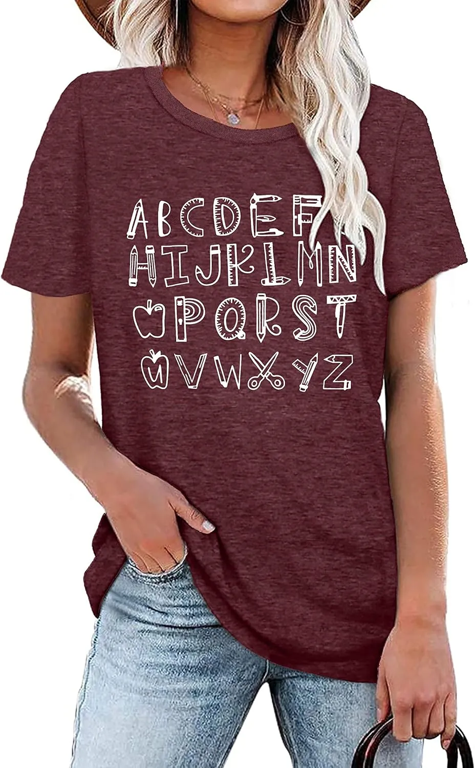 Teacher Shirt Women Alphabet Teaching Graphic Tee Tops Kindergarten Teachers Gift T-Shirts
