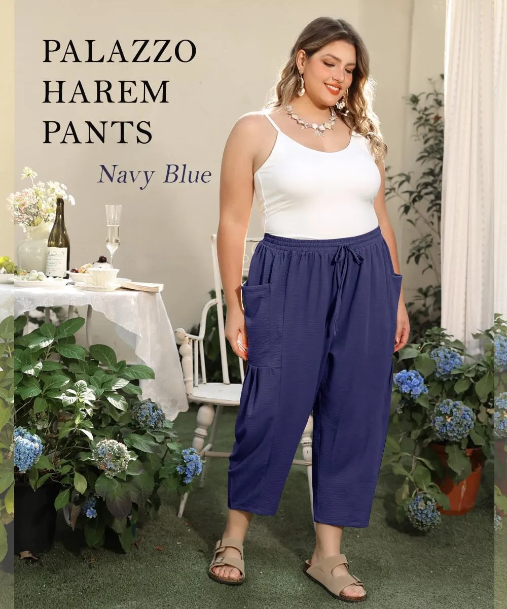 TIYOMI Plus Size Pants for Women Summer Palazzo Harem Pants Drawstring Lightweight Pant with Pockets Loose Casual XL-5XL