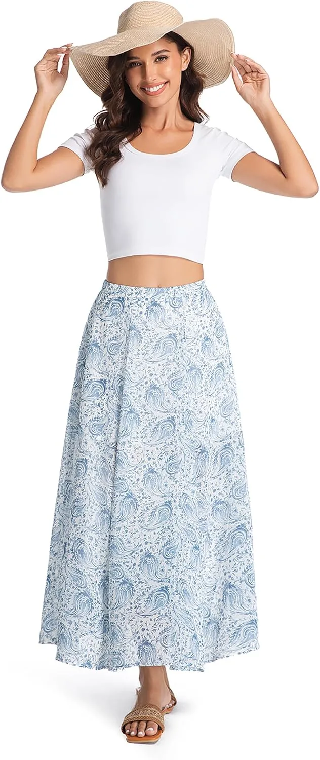 Tsher Bohemian Long Skirts Flowy High Waist A Line Long Midi Length Casual Skirt for Beach Party Holiday
