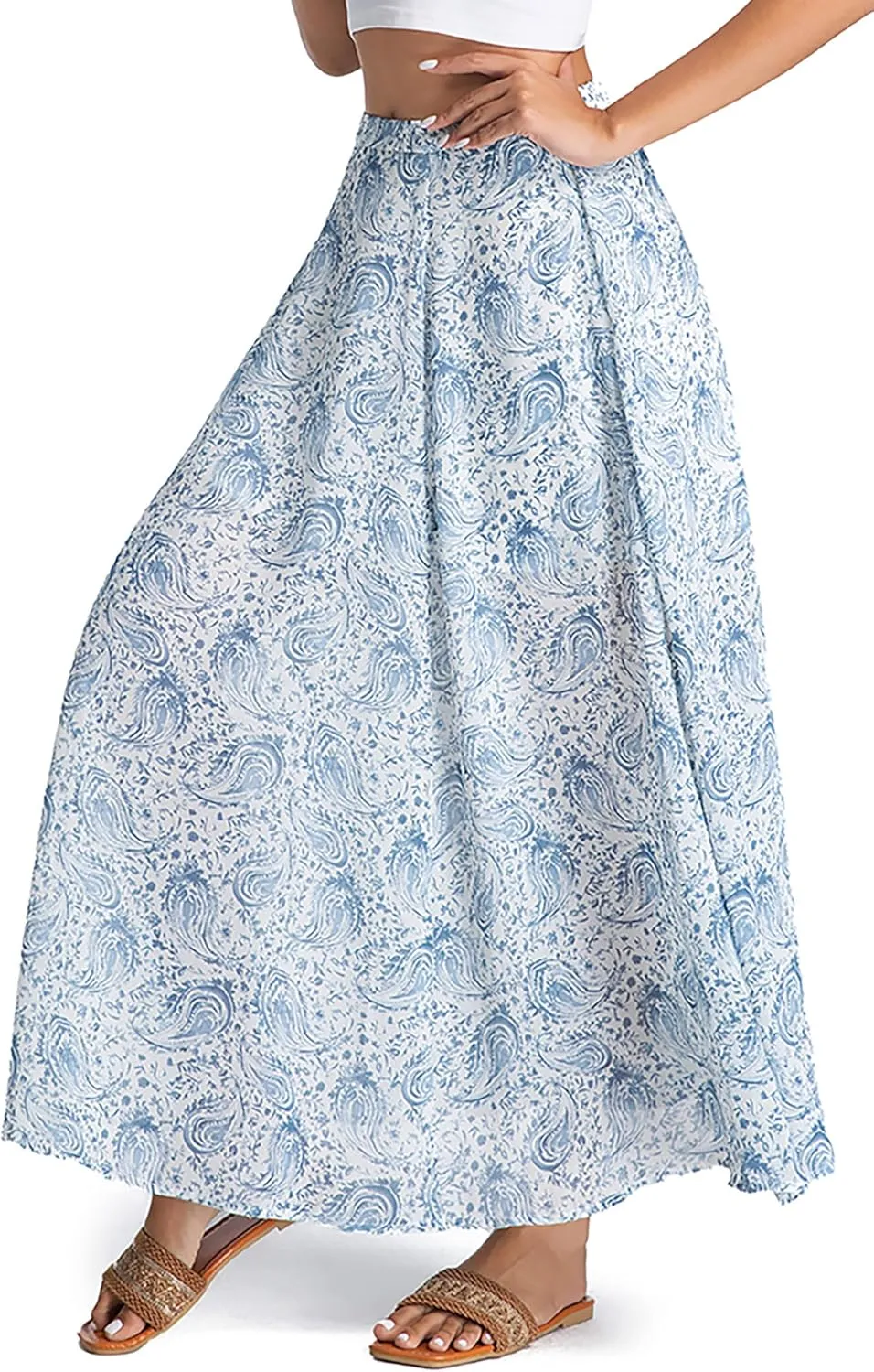 Tsher Bohemian Long Skirts Flowy High Waist A Line Long Midi Length Casual Skirt for Beach Party Holiday