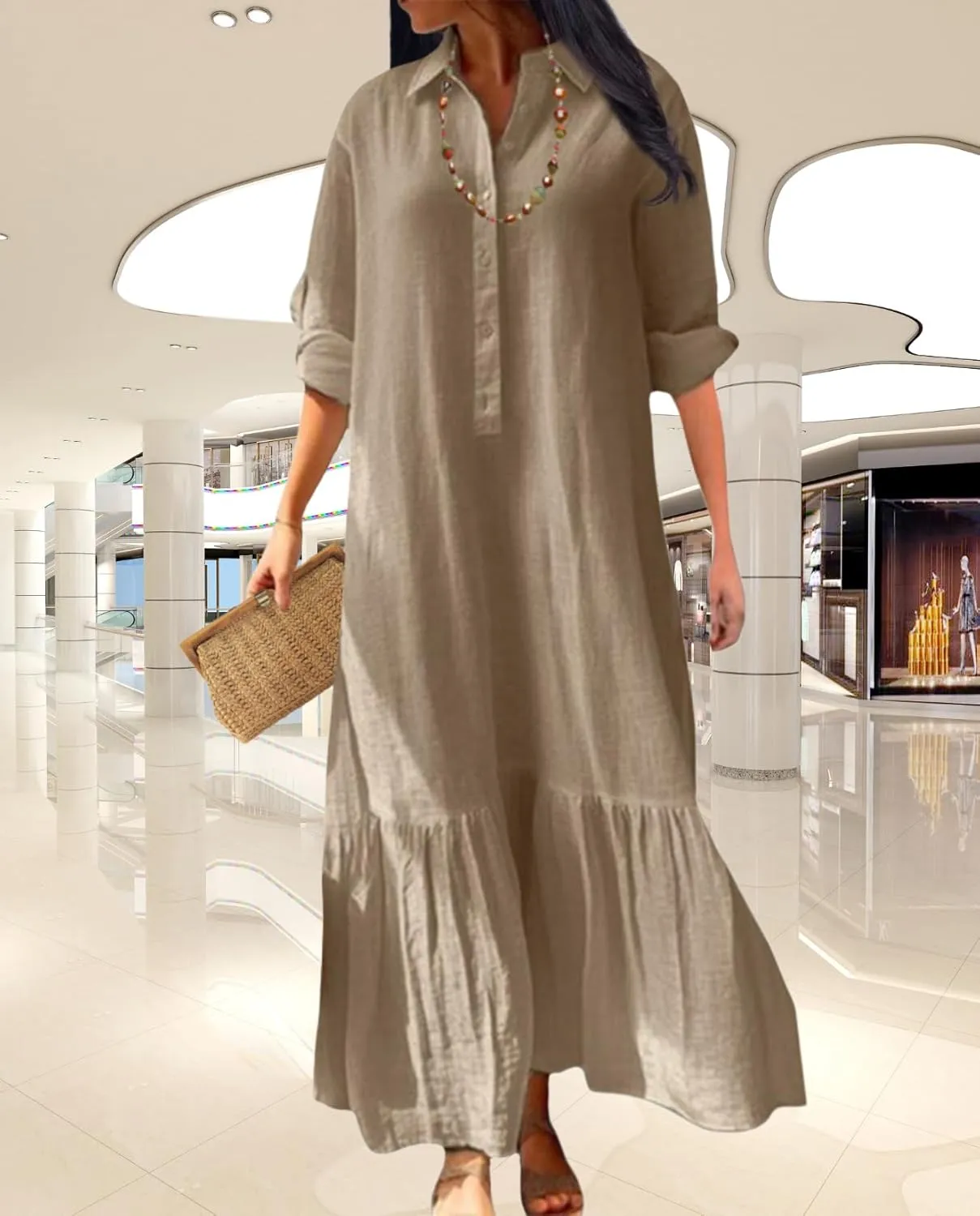 Vintage Button Up Linen Blend Shirt Dress 2025 Spring-Lapel Collar Ruffles Office Weekend Brunch Outfits