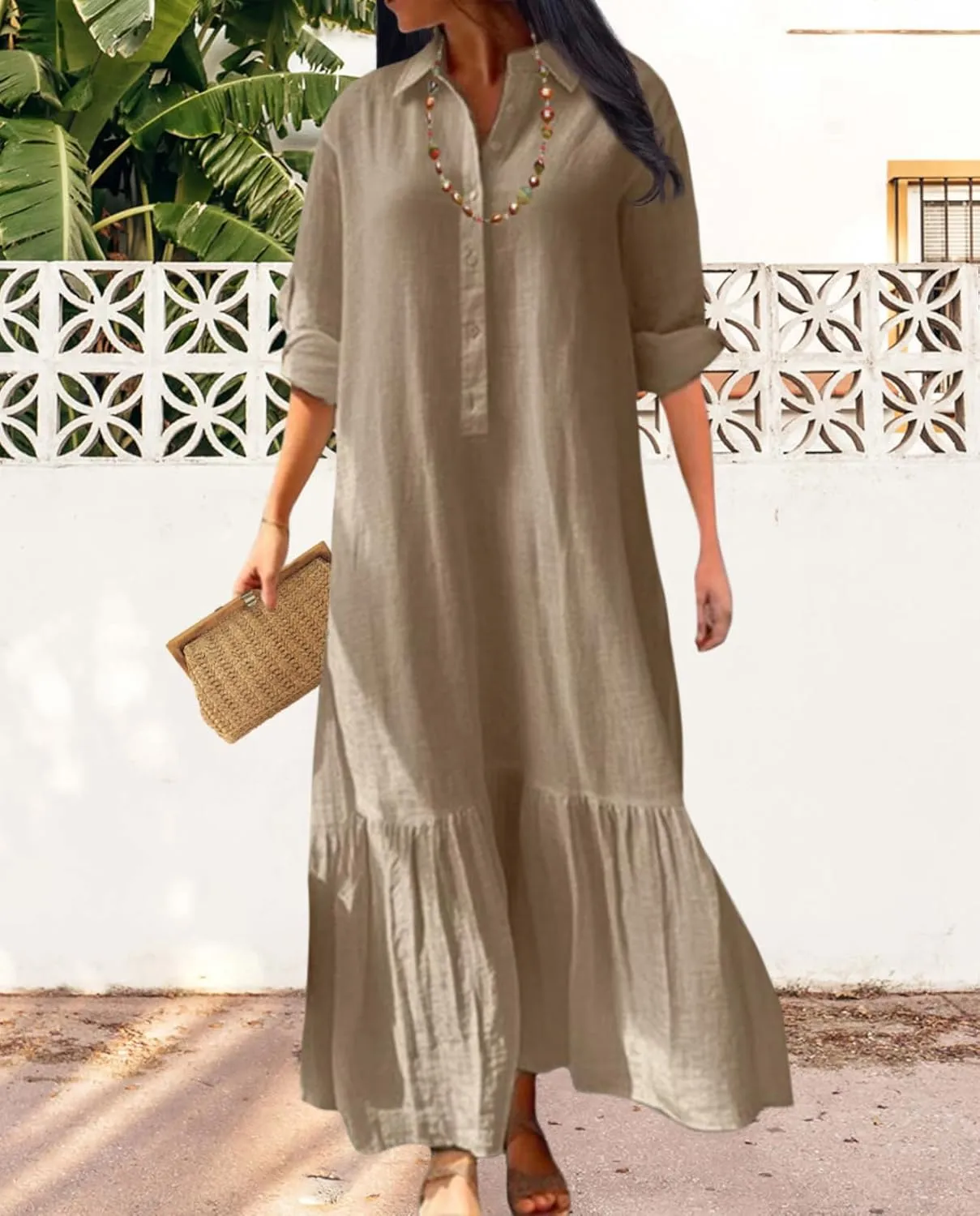 Vintage Button Up Linen Blend Shirt Dress 2025 Spring-Lapel Collar Ruffles Office Weekend Brunch Outfits