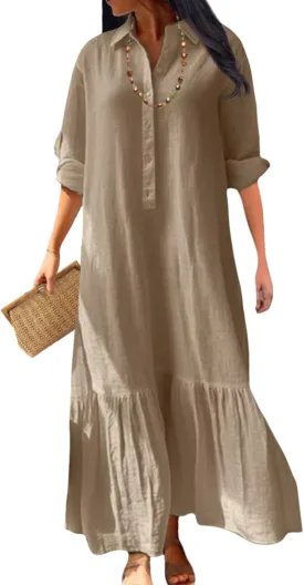Vintage Button Up Linen Blend Shirt Dress 2025 Spring-Lapel Collar Ruffles Office Weekend Brunch Outfits