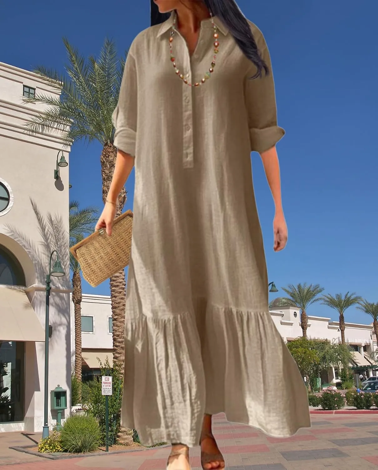 Vintage Button Up Linen Blend Shirt Dress 2025 Spring-Lapel Collar Ruffles Office Weekend Brunch Outfits