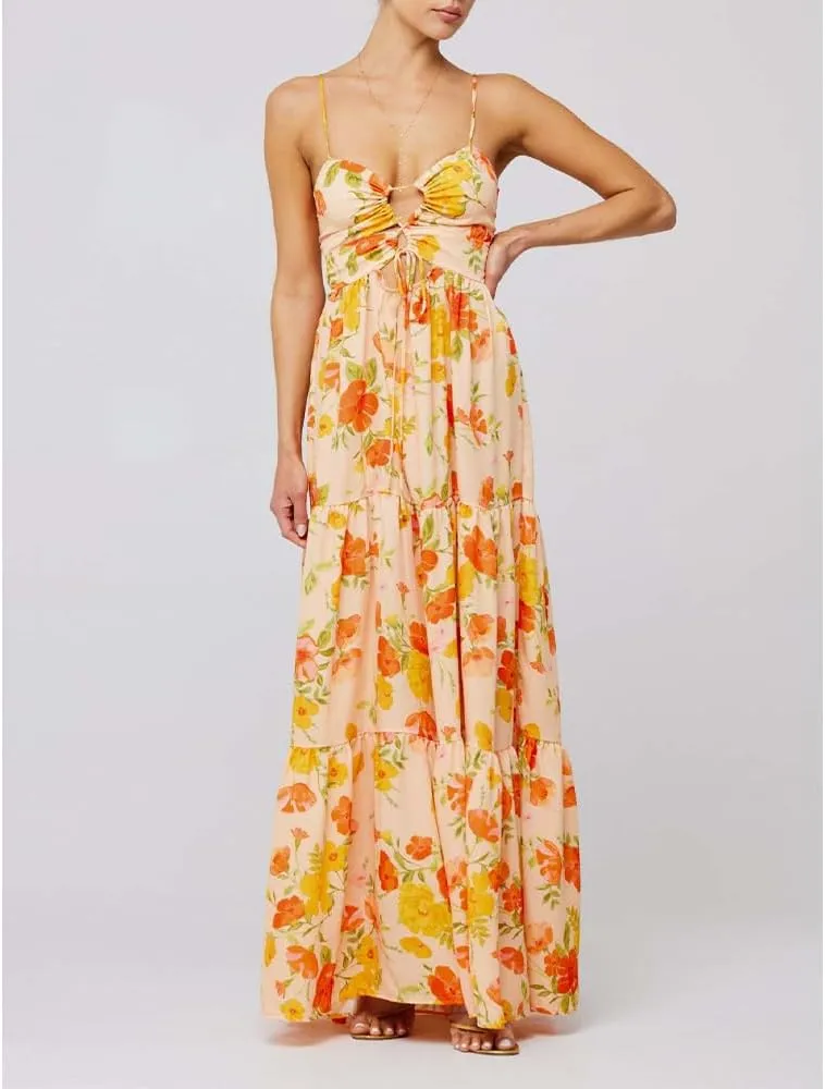 Women Floral Maxi Dress Tie Front Cut Out Backless Boho Spaghetti Strap Summer Beach Sundress