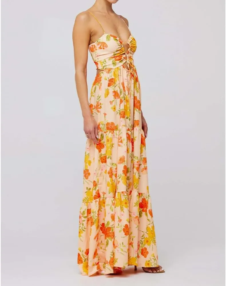 Women Floral Maxi Dress Tie Front Cut Out Backless Boho Spaghetti Strap Summer Beach Sundress