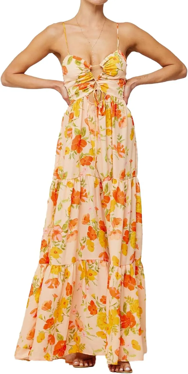Women Floral Maxi Dress Tie Front Cut Out Backless Boho Spaghetti Strap Summer Beach Sundress