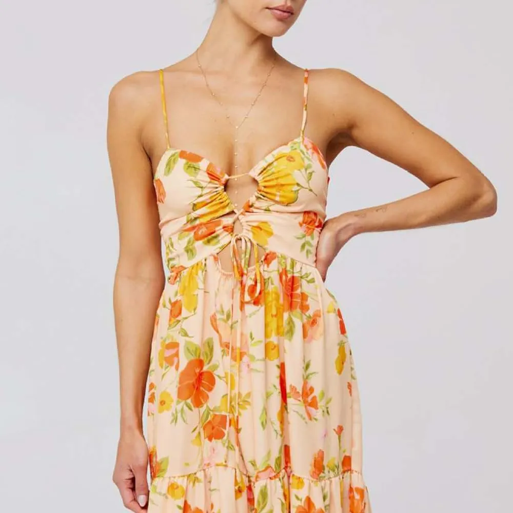Women Floral Maxi Dress Tie Front Cut Out Backless Boho Spaghetti Strap Summer Beach Sundress