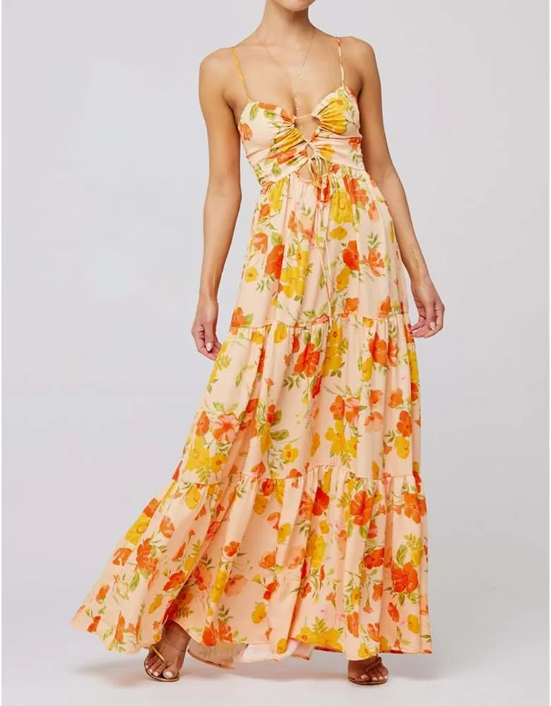 Women Floral Maxi Dress Tie Front Cut Out Backless Boho Spaghetti Strap Summer Beach Sundress
