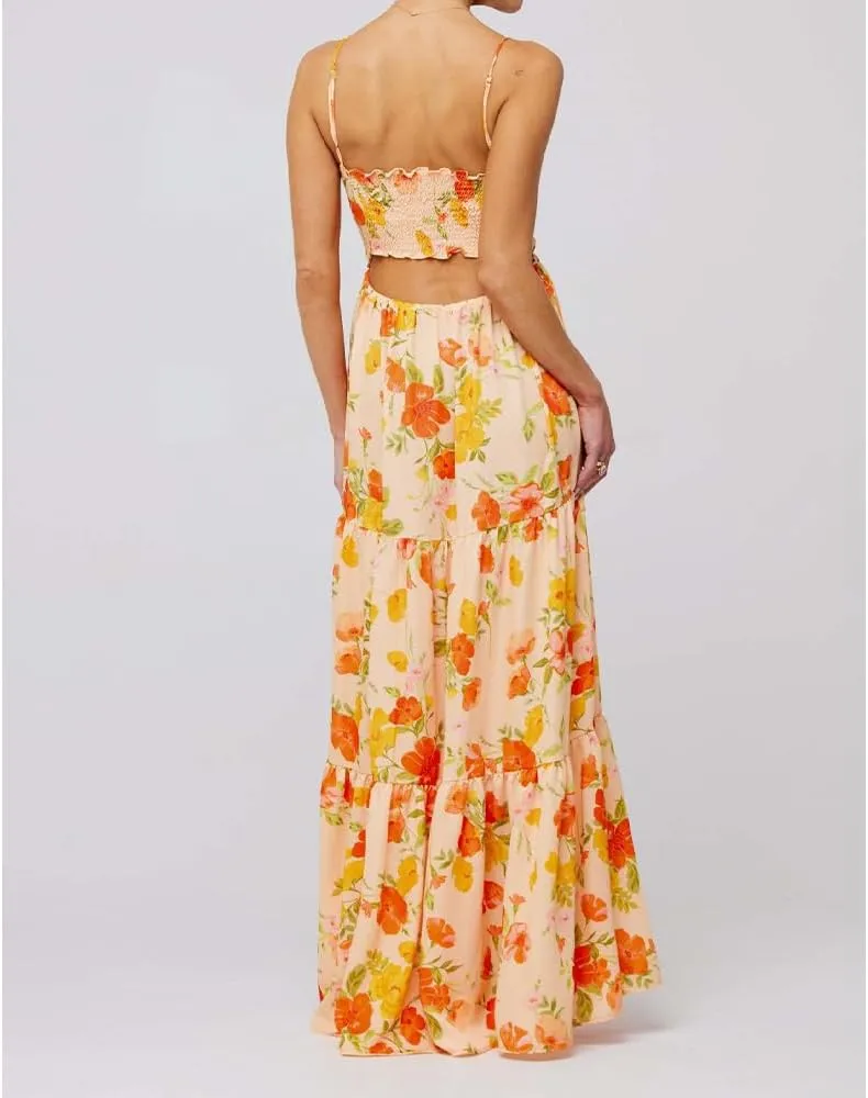 Women Floral Maxi Dress Tie Front Cut Out Backless Boho Spaghetti Strap Summer Beach Sundress