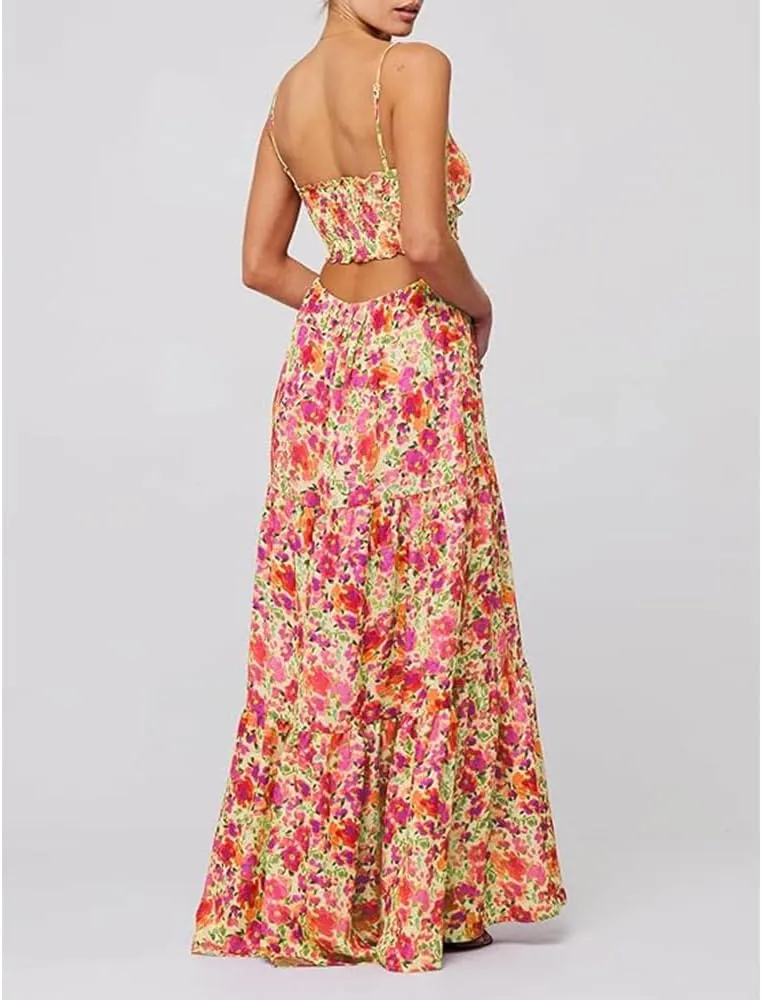Women Floral Maxi Dress Tie Front Cut Out Backless Boho Spaghetti Strap Summer Beach Sundress