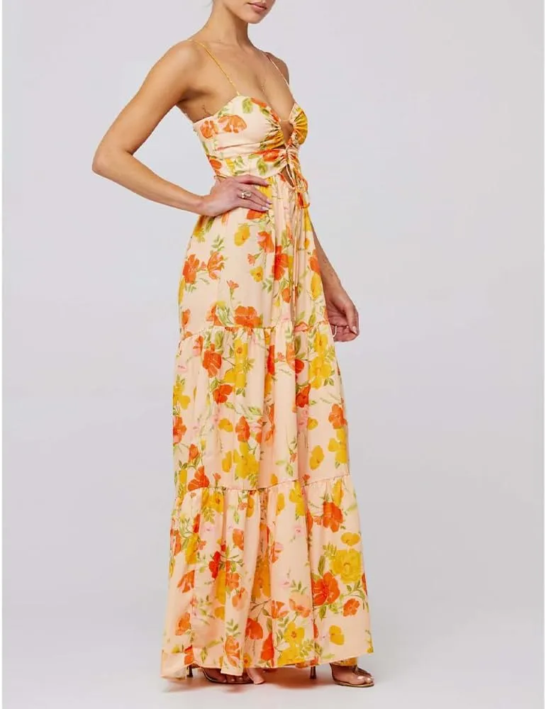 Women Floral Maxi Dress Tie Front Cut Out Backless Boho Spaghetti Strap Summer Beach Sundress