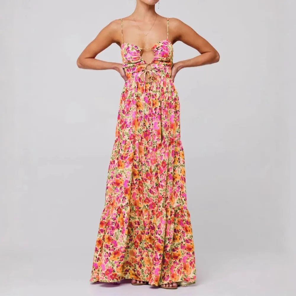 Women Floral Maxi Dress Tie Front Cut Out Backless Boho Spaghetti Strap Summer Beach Sundress