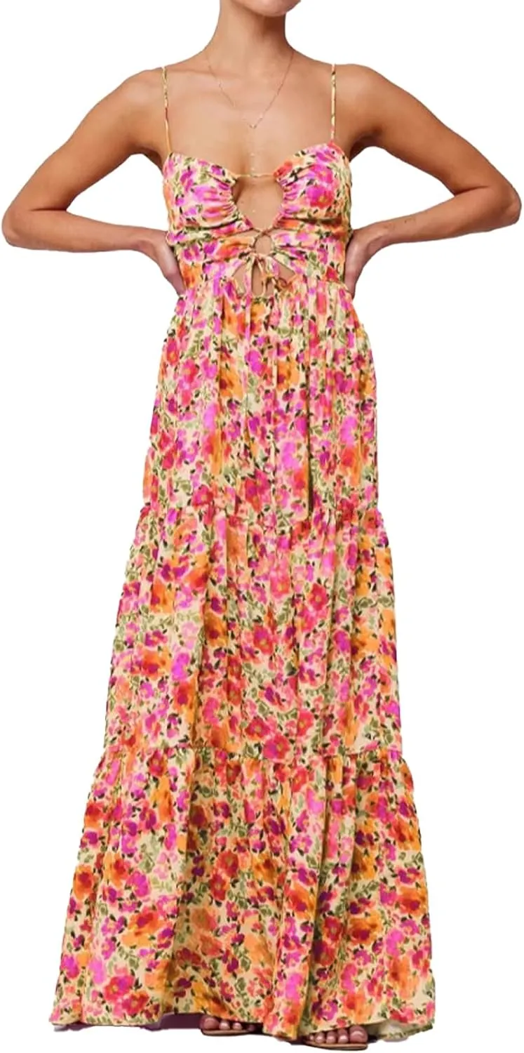 Women Floral Maxi Dress Tie Front Cut Out Backless Boho Spaghetti Strap Summer Beach Sundress
