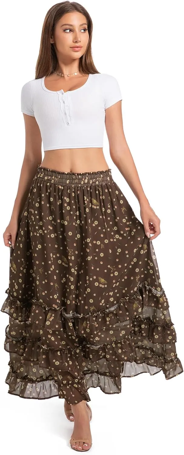 Women's Floral Maxi Skirt Chiffon Elastic High Waist A-Line Long Skirt Flowy Summer Skirts for Beach Party Holiday