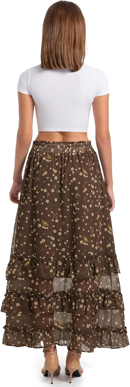 Women's Floral Maxi Skirt Chiffon Elastic High Waist A-Line Long Skirt Flowy Summer Skirts for Beach Party Holiday