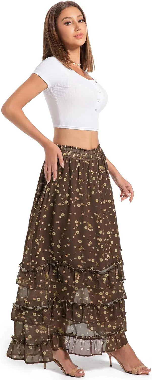 Women's Floral Maxi Skirt Chiffon Elastic High Waist A-Line Long Skirt Flowy Summer Skirts for Beach Party Holiday