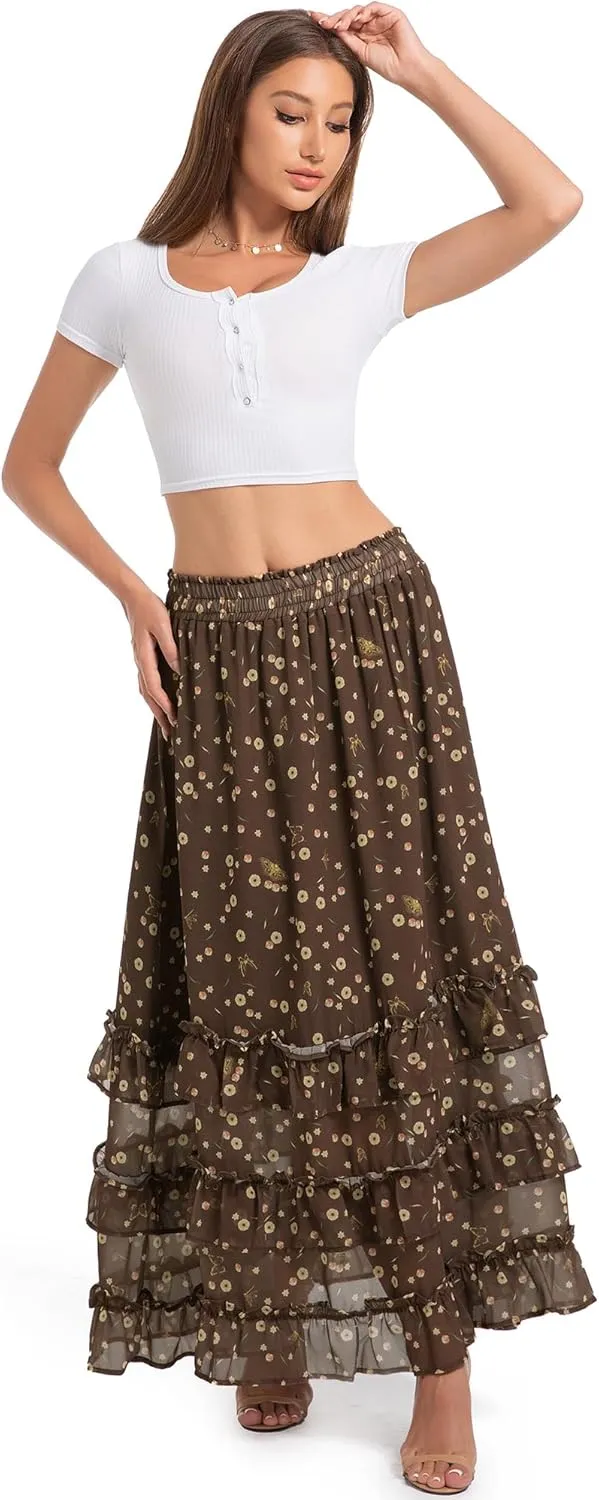 Women's Floral Maxi Skirt Chiffon Elastic High Waist A-Line Long Skirt Flowy Summer Skirts for Beach Party Holiday