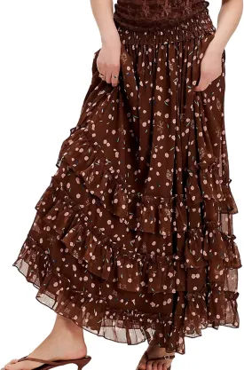 Women's Floral Maxi Skirt Chiffon Elastic High Waist A-Line Long Skirt Flowy Summer Skirts for Beach Party Holiday
