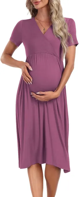 Xpenyo Maternity Women's Short Sleeve V Neck Casual Dress Baby Shower Party Maternity Dress
