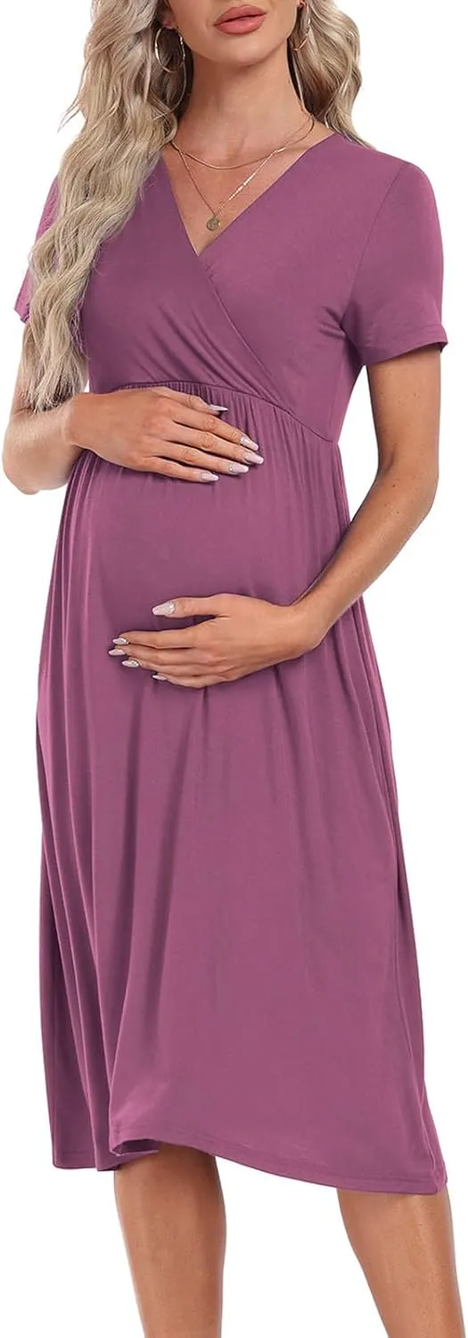 Xpenyo Maternity Women's Short Sleeve V Neck Casual Dress Baby Shower Party Maternity Dress