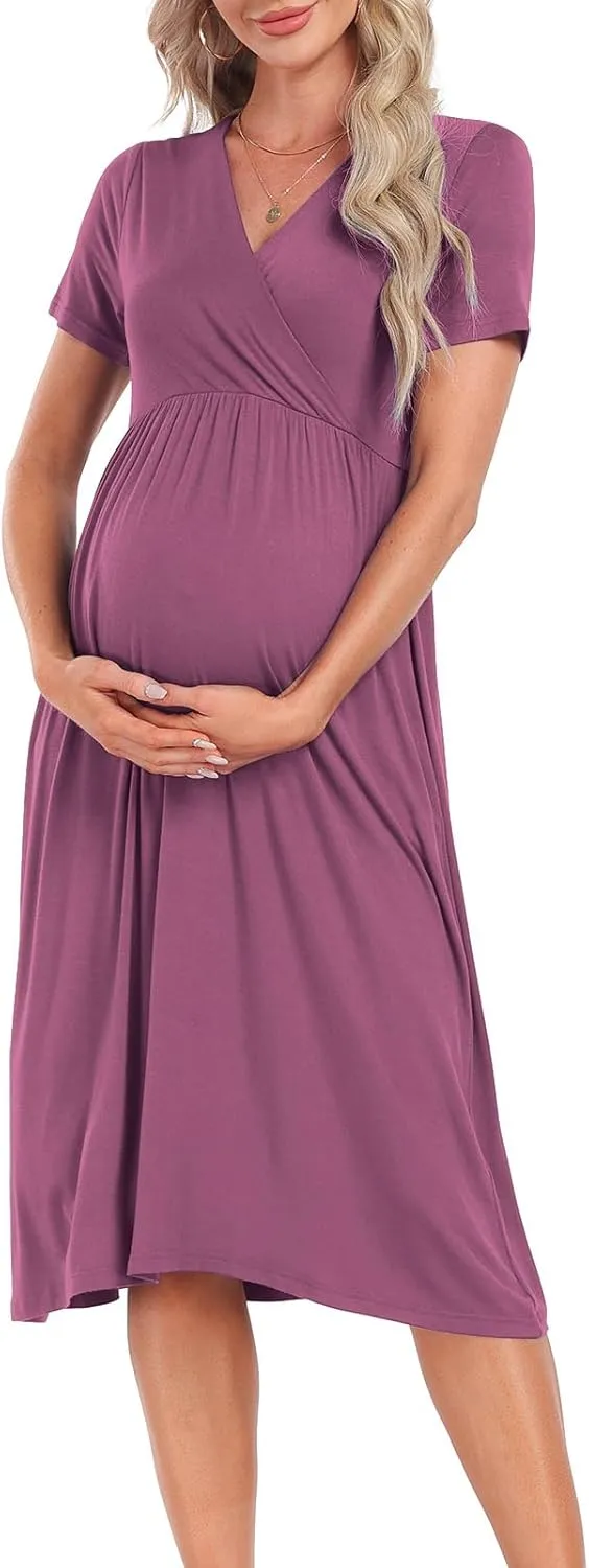 Xpenyo Maternity Women's Short Sleeve V Neck Casual Dress Baby Shower Party Maternity Dress