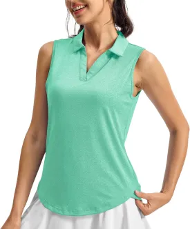 YSENTO Women's V-Neck Collared Golf Tennis Shirts Sleeveless UPF 50  Quick Dry Polo Shirts Tops Split Hem