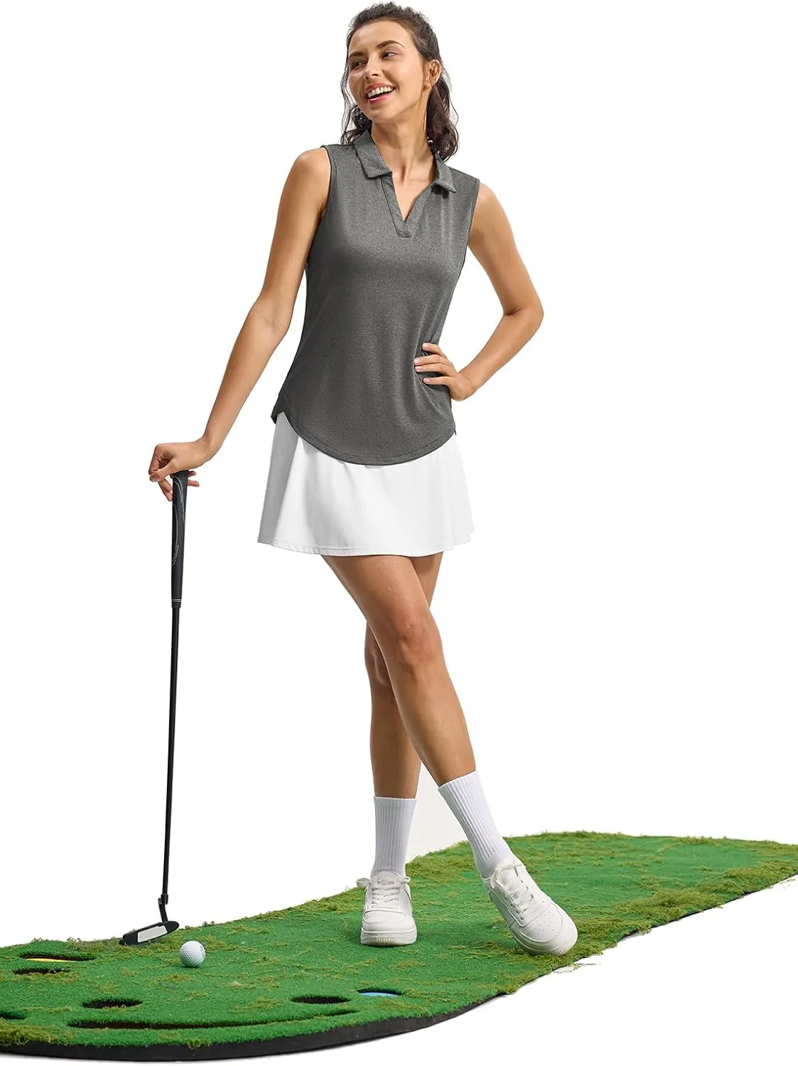 YSENTO Women's V-Neck Collared Golf Tennis Shirts Sleeveless UPF 50  Quick Dry Polo Shirts Tops Split Hem