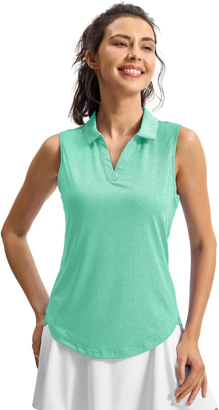 YSENTO Women's V-Neck Collared Golf Tennis Shirts Sleeveless UPF 50  Quick Dry Polo Shirts Tops Split Hem