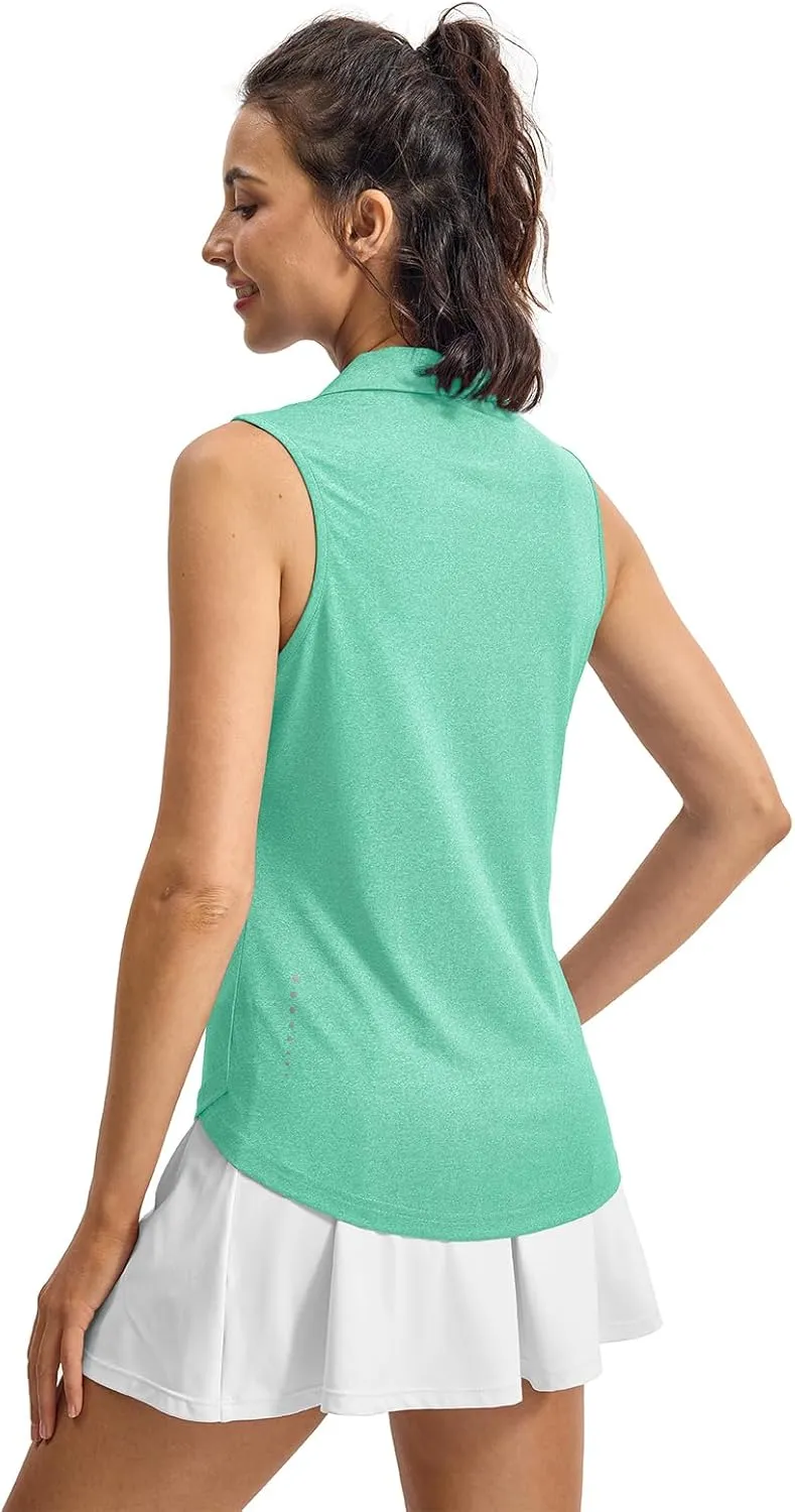 YSENTO Women's V-Neck Collared Golf Tennis Shirts Sleeveless UPF 50  Quick Dry Polo Shirts Tops Split Hem